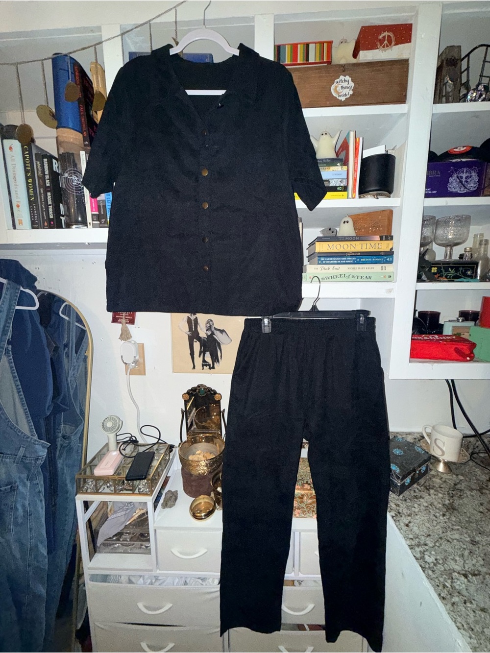 SHEIN Black Two-Piece Button Front Top & Straight Leg Pants Set